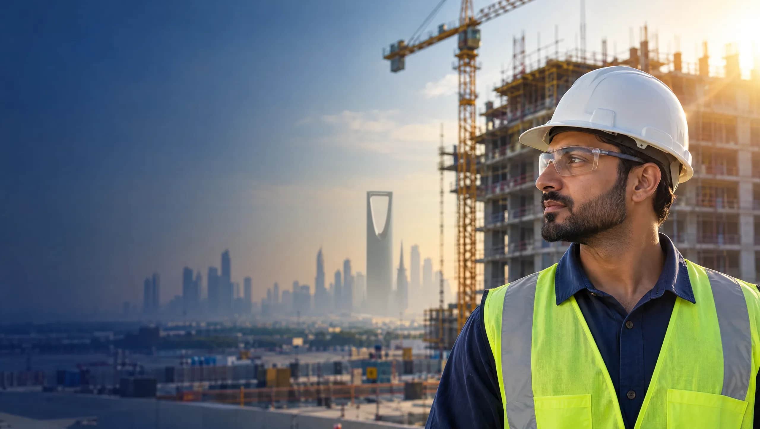 Safety officer in a hard hat overlooking a construction site