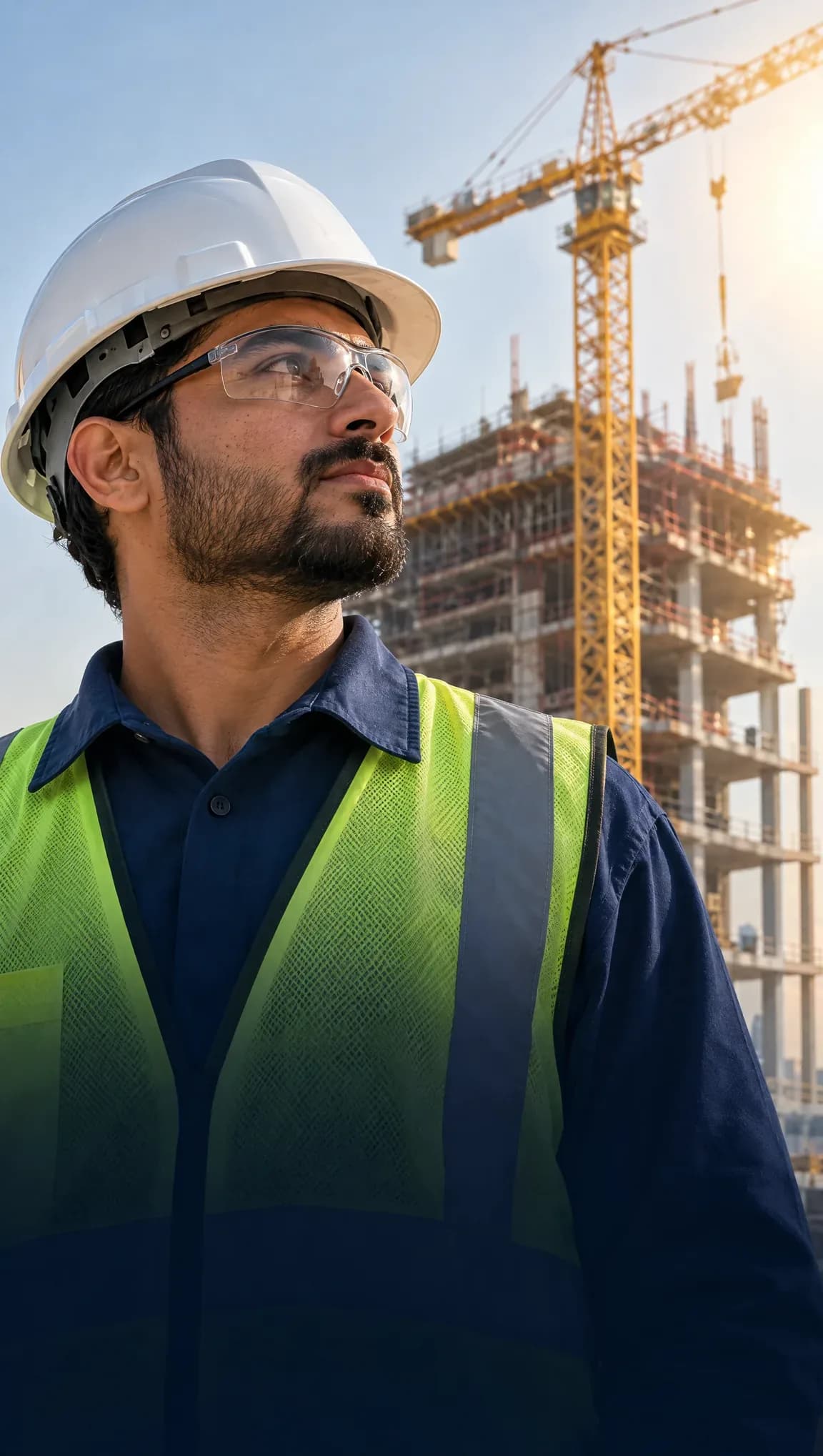 Safety-trained worker in a hard hat and safety glasses on a Riyadh construction site with a tower crane and the Kingdom Centre on the skyline