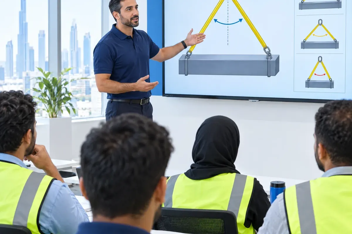 Instructor explaining sling angles on a screen to delegates in hi-vis vests during a lifting safety class