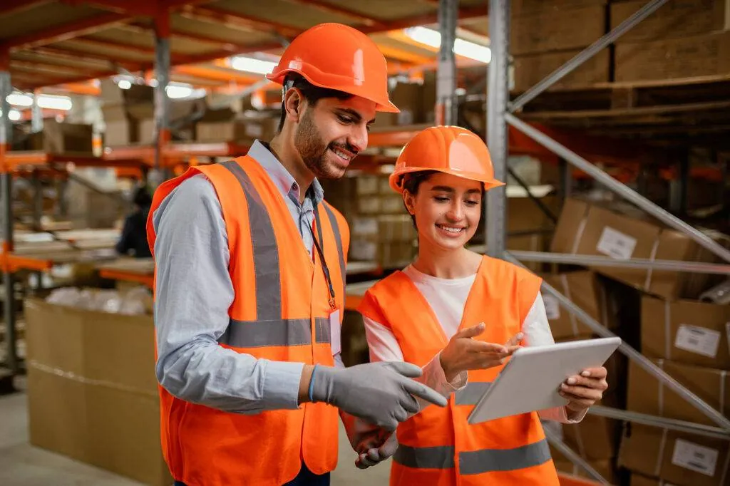 Two workers in hard hats and hi-vis vests reviewing a tablet together in a warehouse lined with storage racks