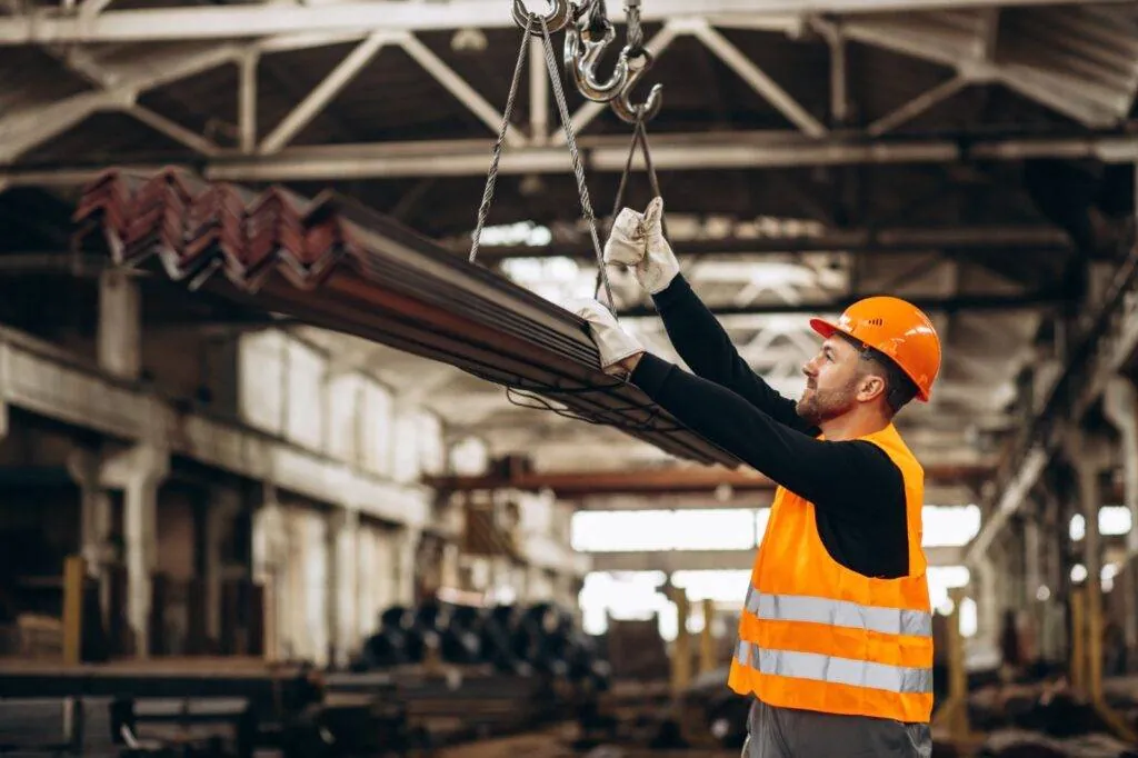 Worker in a hard hat and hi-vis vest guiding a bundle of steel angles slung from a crane hook in a workshop