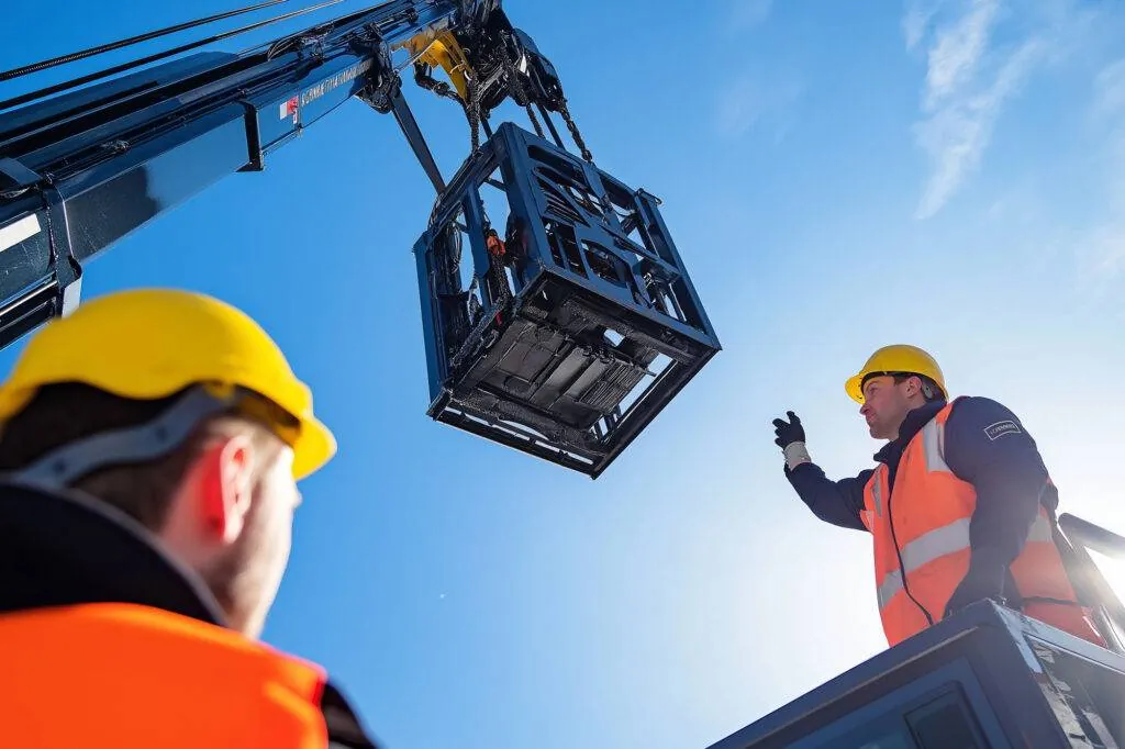 Rigger in a hard hat giving hand signals as a crane lifts a steel cage load, watched by a colleague