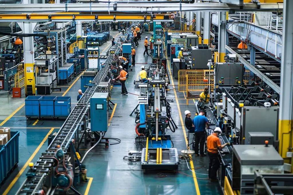 Factory floor with workers in hard hats and hi-vis tending machines along an assembly line with marked walkways
