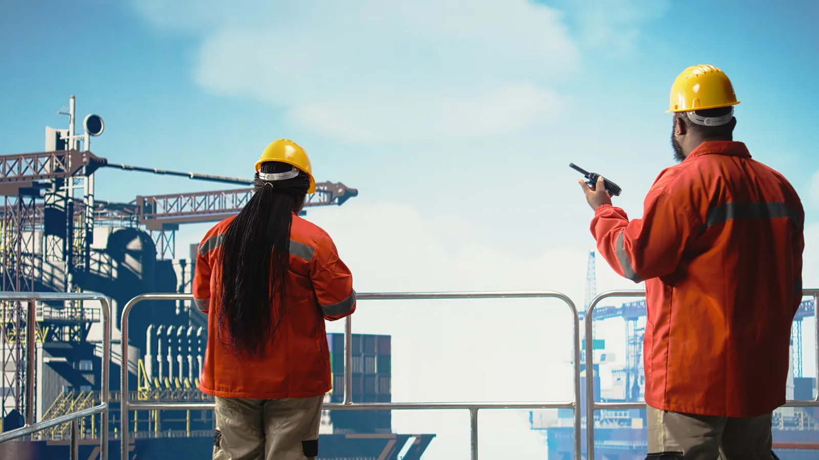 Two workers in hard hats and orange coveralls on a platform deck, one using a radio, facing offshore rig cranes