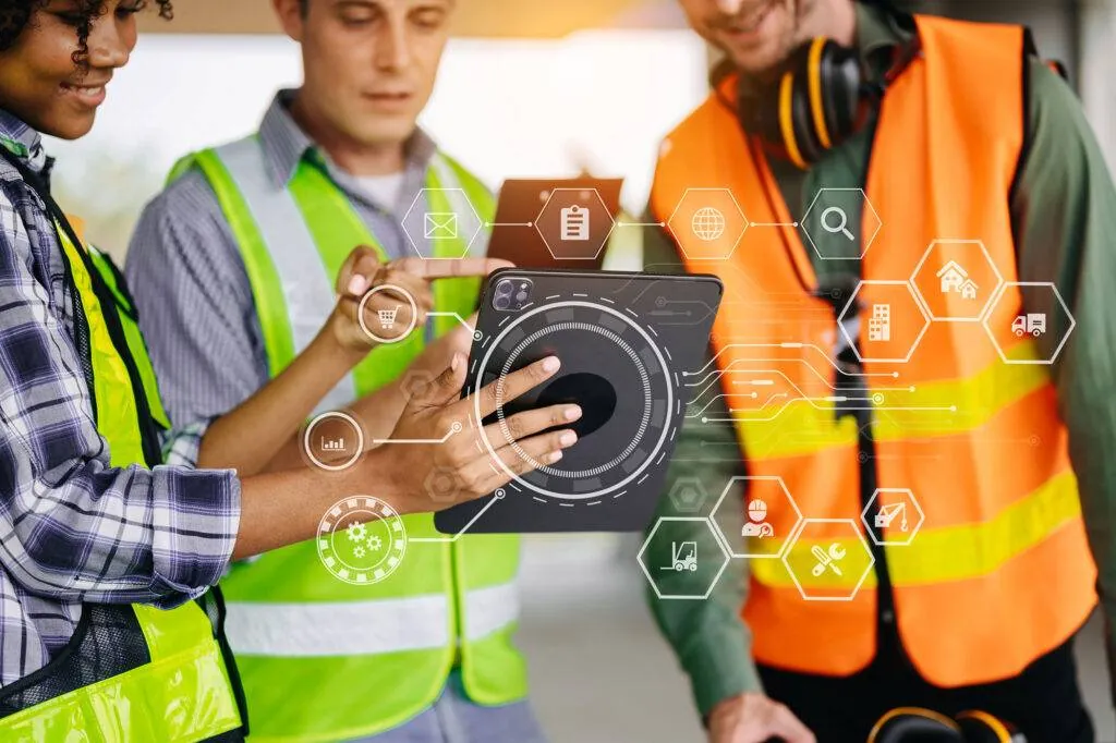 Three workers in hi-vis vests reviewing a tablet, overlaid with icons for workers, forklifts and site tools