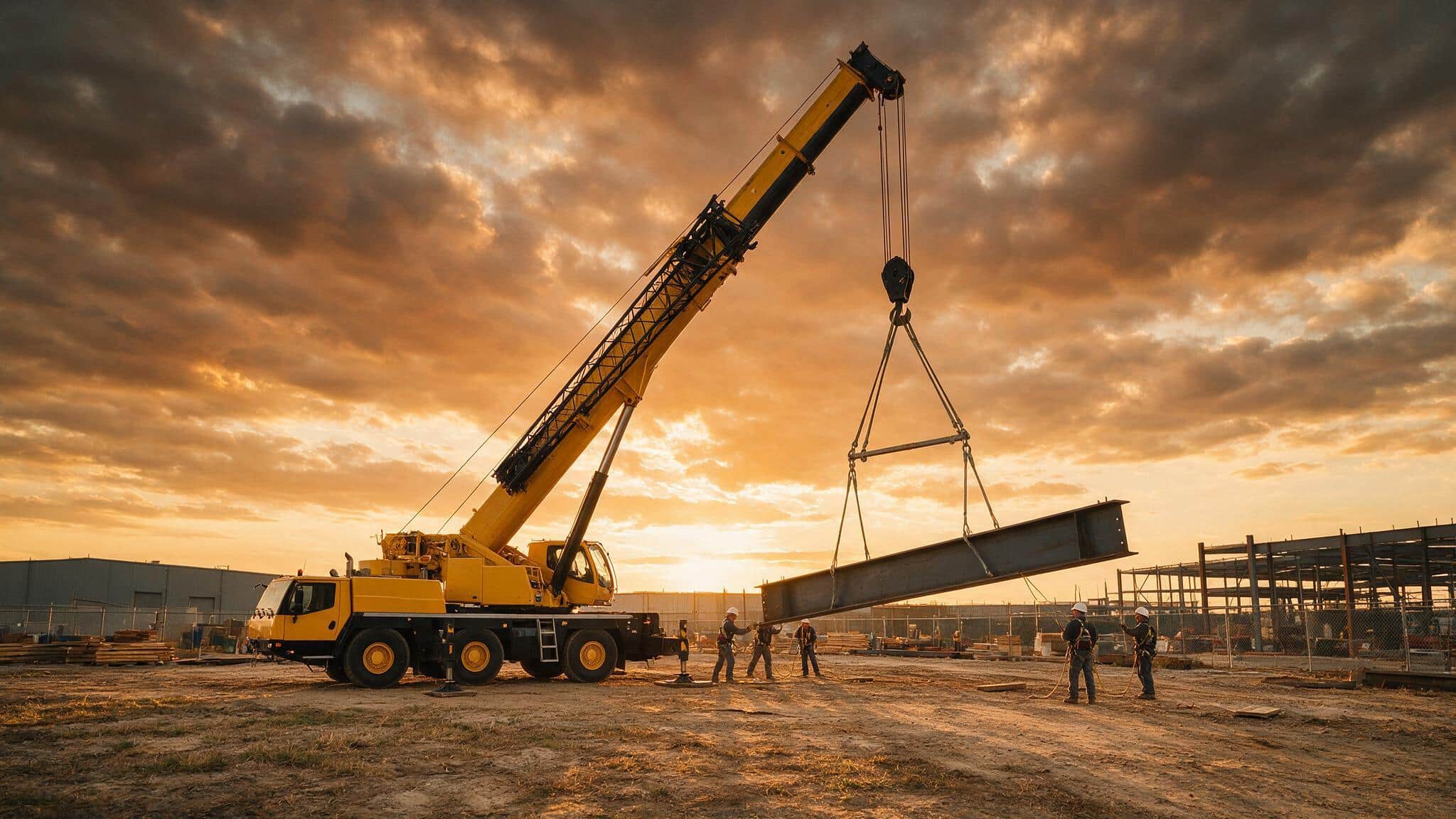 Mobile crane lifting a steel beam on a construction site
